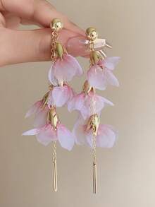 1 对纱花金属吊坠长款耳环，休闲度假时尚海滩派对耳环，适合女士 - 粉色 - 查看 6