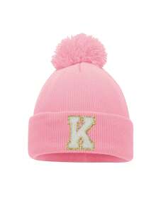 1顶个性化刺绣婴儿针织帽，26个字母针织绒球帽，适合幼儿男孩和女孩 - 粉色 - 查看 7