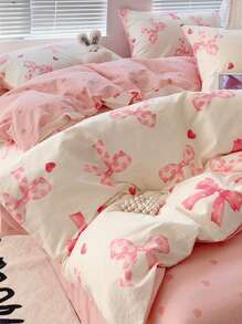 2/3件套蝴蝶结图案，清新可爱，提花工艺，超柔软，男女通用，适合学生、宿舍装饰，甜美可人，春夏被套枕套套装，提供单人床、双人床、大号双人床尺寸。 - 彩色 - 查看 2