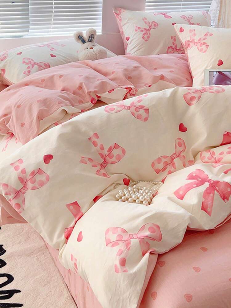 2/3件套蝴蝶结图案，清新可爱，提花工艺，超柔软，男女通用，适合学生、宿舍装饰，甜美可人，春夏被套枕套套装，提供单人床、双人床、大号双人床尺寸。 - 彩色 - 查看 2