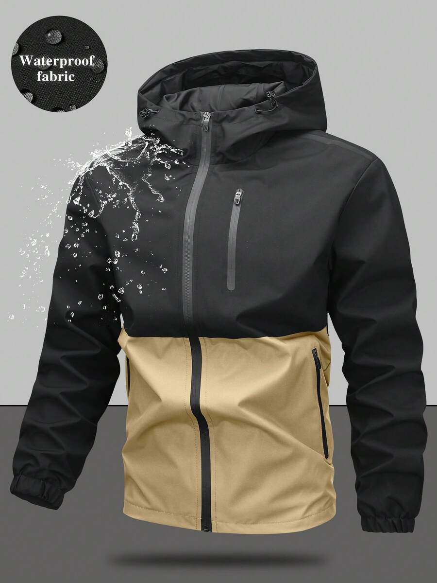 Men's Drawstring Hooded Casual Versatile Zip Pocket Windbreaker Jacket, Suitable For Daily Wear