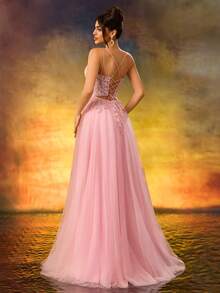 A Line Sweetheart Neck Applique Evening Prom Dress Spaghetti Tulle Lace Up Party Dress - Pink - View 2