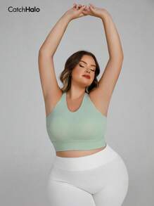 Catch Halo High Impact 4-Way Stretch Plus Size Sport Bra For Women - Scoop Neck & Built In Bra & Twist Back & Wide Shoulder Straps Workout Bra Curve | Slimming Figure Contour High Support Cropped Cami Top | Quick Dry Zero Bounce Workout Bra For Yoga, Pilate, Running, Gym, Cycling (Mint Green, 0XL~3XL)