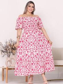 Women's Long Midi Dress With Puffer Sleeves And  Frills, Off-The-Shoulder, Tres Marias Floral - BUNGA MERAH MUDA - View 2
