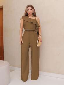 A&DD FASHION, Reference Number: Y493 - Set, Women's Two-Piece Suits, High-Waisted Wide-Leg Pants, Trousers, Camisole, Crop Top, Ruffled Hem Design, Comfortable To Wear, Sophisticated Look, High Quality, Stylish Look, Versatile, Elegant Style, Two-Piece Suits, Casual Chic Look, Comfortable And Stylish, Pants With Pockets, Elegant Suits, Perfect For Spring And Summer, Blogger Style, Casual And Formal, Suitable For All Occasions, Elegant And Fashionable, Feminine Look, Summer 2025 Collection. - 米色 - 查看 3