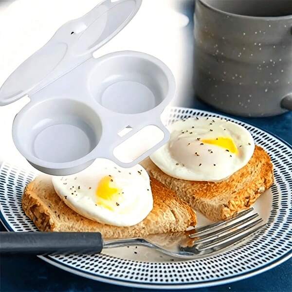 1Pc White Egg Poacher, Microwave Egg Boiler Poacher, 2 Cavity Nonstick Poached Egg Maker With Lid, Egg Poacher Microwave Egg Cooker, Double,Drain Poached Egg Cups Cookware Camping Cooker