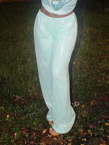 Steph T 亮片低腰长裤度假夏季伊比沙岛优雅沙滩装波西米亚风休闲狂欢节夏季保暖女装 - 淺藍色 - 查看 2