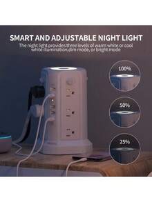PASSUS Surge Protector Power Panel Tower With 5 USB Ports And Night Light, 10ft Extension Cord With 12 AC Multi-Outlets, PASSUS Power Tower, Home Office Dorm Room Overload Protection (2 Packs - White + Black)
