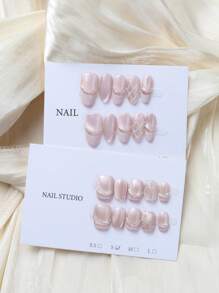 10pcs Rhombus French Pearl Pink Cat Eye Bow Handmade Nails Acrylic Press On Nails Spring Summer Nails Glitter Rhinestone Decoration Short Coffin/Extra Long Oval French Fake Nails Full Cover Nail Tips With Jelly Glue And Nail File, DIY Nail Art Supplies