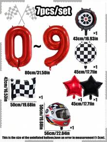 7 件/套赛车摩托车主题生日派对装饰气球，32 英寸红色 0-9 数字生日装饰气球，摩托车/赛车旗/轮胎/黑白形状铝箔气球，适用于生日派对装饰 - 彩色 - 查看 8