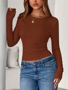 Women Spring And Fall Long Sleeve Shirts Ribbed Crewneck Fitted Basic Tee Going Out Tops Casual Workout Vacation Outfits - caramen - Xem 3