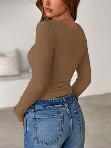 Women Spring And Fall Long Sleeve Shirts Ribbed Crewneck Fitted Basic Tee Going Out Tops Casual Workout Vacation Outfits - Dark Khaki - View 2