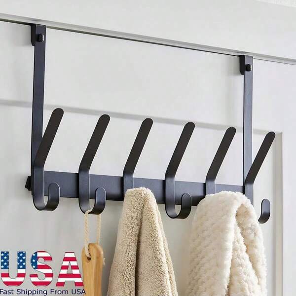 Over-The-Door Hook Rack 6 Double Hooks Space-Saving Solution For Towels Robes Clothes Bath Accessories No Tools Required Secure Fit Modern Matte Black Finish