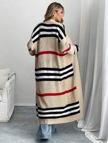 Plus Size Women Striped Drop Shoulder Long Sleeve Casual Loose Knit Cardigan, Autumn - Khaki - View 3