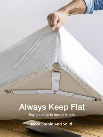4Pcs/Set Triangle Quilt Holders, White Bed Sheet Clips, Adjustable Elastic Sheet Straps, Heavy Duty Bed Sheet Fasteners With Metal Clip, Metal Clip Adjustable Elastic Band Quilt Fixing Tool, Practical Invisible Anti-Slip Sheet Straps, Suitable For Sofa Cushions, Quilt Sheets, Home Textiles, Household Items