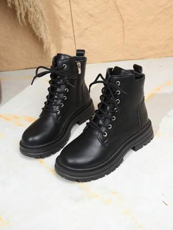 女士秋冬新款黑色靴子，粗跟，圆头，系带，摩托车靴，百搭，时尚，男女通用，英伦风格战斗踝靴，女靴