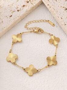 5 件优雅手工抛光不锈钢四叶草项链手链耳环首饰套装，适合日常佩戴 - 金色 - 查看 4