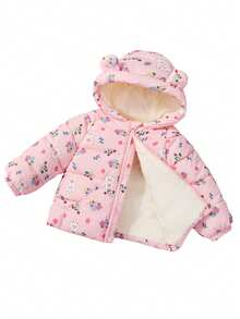 Young Girl Hooded Long Sleeved Warm Zipper Warm Winter Cartoon Rabbit Flower Pattern Padded Coat - Pink - View 2