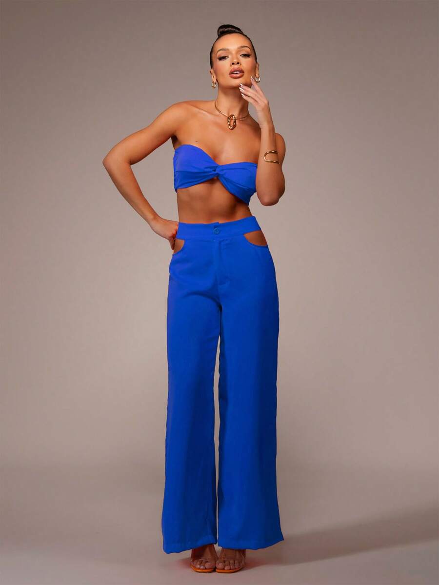 Crepe Silk Set With Openwork On The Sides Of The Waistband. - Royal Blue - View 1