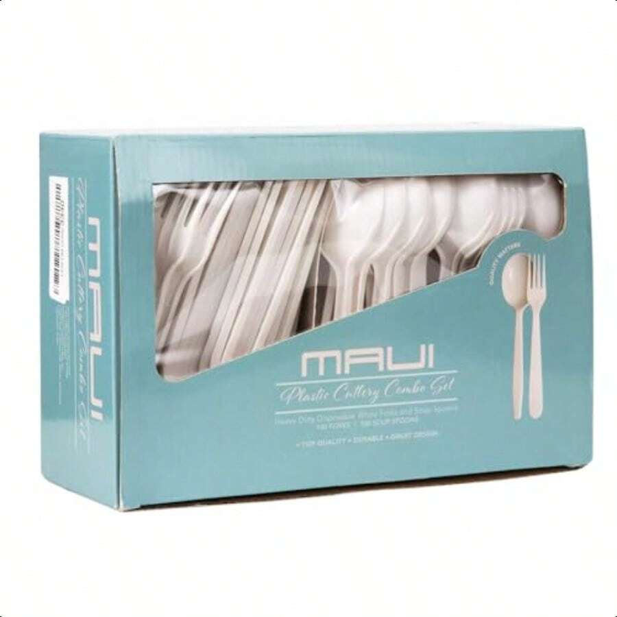 Heavy Duty Disposable Plastic Forks And Spoons 100 Forks And 100 Soup Spoons Set Of 200 Easy To Open - White - View 1