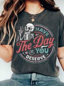 Have The Day You Deserve Skeleton Peace Sign Ink Printed  T-Shirt, Funny Sarcastic Shi - 黑色 - 查看 1