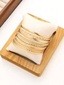 10 件/套女士金属手镯套装，个性化波西米亚风格波浪图案光滑表面纹理袖口手镯，适合送礼、派对、日常佩戴 - 金色 - 查看 3