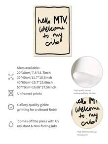 1幅“Hello MTV, Welcome To My Crib”帆布海报 - 复古现代黑白墙饰，无框，适用于客厅、卧室、家庭办公室、厨房 - 时尚简约风格，可爱房间装饰