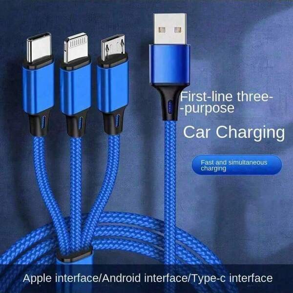 1 pieza Cable de carga trenzado 3 en 1 y cargador de coche, adaptador de carga rápida compatible con iPhone 17 Pro Max/17 Pro/17 Plus/17/16/15/14/13/12/11/XS/XR/8/7/6, iPad, S25/S24/S23/S22/S21/S20 Ultra Plus