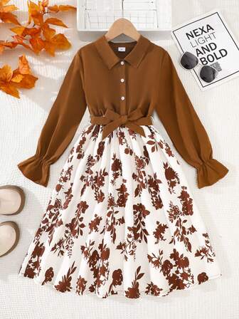 女童碎花连衣裙，棕色翻领衬衫上衣，配蝴蝶结腰带，长袖和荷叶边下摆，优雅休闲装