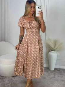 Women's Floral Midi Dress With Short Sleeves, Elastex Lined, Crossed Back, Vescolinho Fabric - Màu be đậm - Xem 1