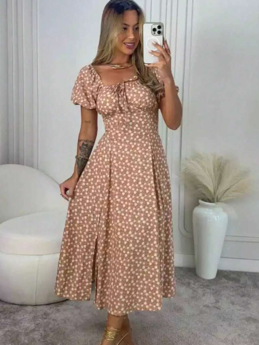 Women's Floral Midi Dress With Short Sleeves, Elastex Lined, Crossed Back, Vescolinho Fabric - Màu be đậm - Xem 1