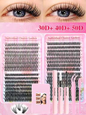 Kit de extensión de pestañas DIY de 640 piezas/280 piezas, con alta capacidad de mechones de pestañas individuales de 9-16 mm de efecto rizado mixto D, aspecto natural y suave, pestañas postizas individuales duraderas con adhesivo, pinzas y cepillo para pestañas
