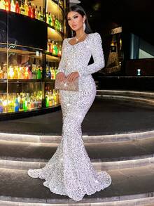 Elisanya CHOSMO 新款秋季亮片长袖橙色舞会礼服华丽优雅修身高腰优雅晚礼服长款女士礼服长礼服，女士白色礼服，银色礼服 - 白色 - 查看 6