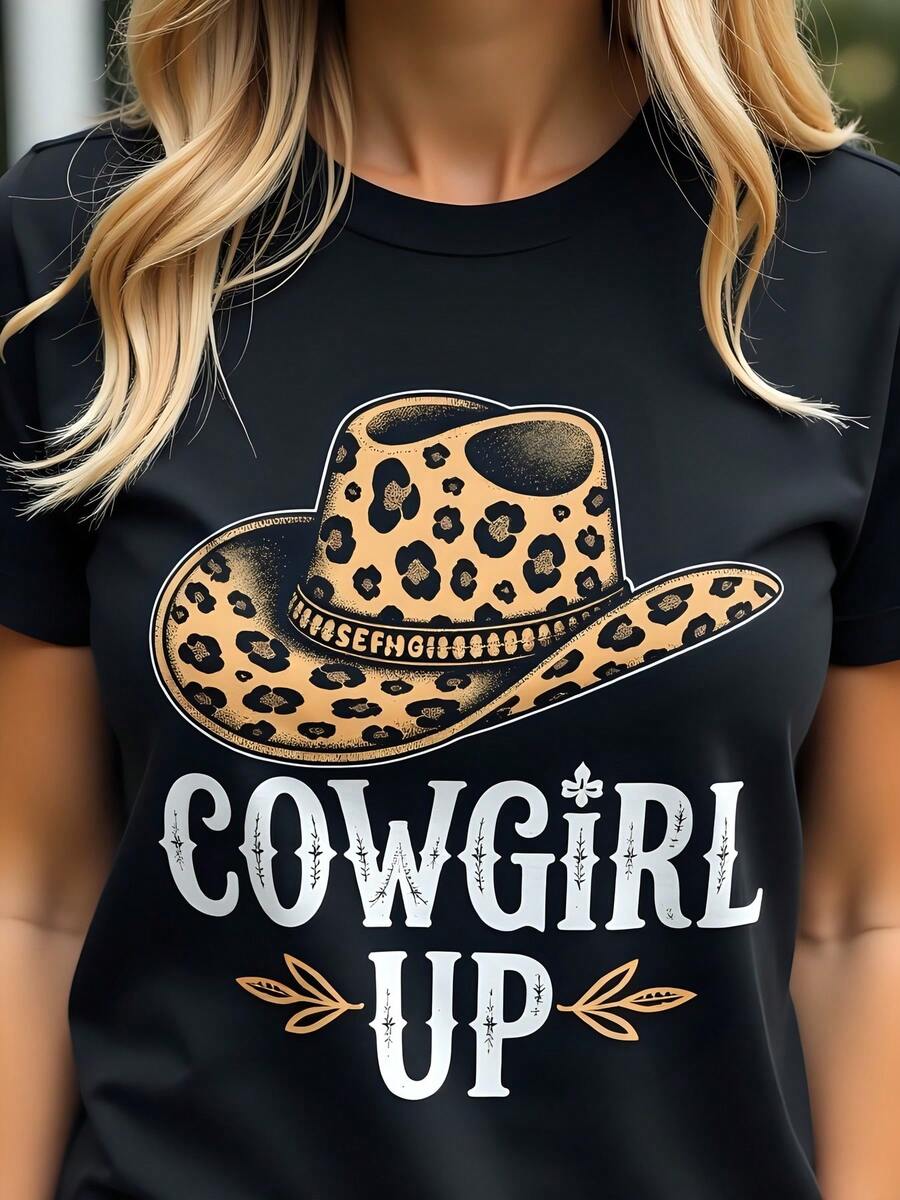 Ladies' 180g Black Cotton Short Sleeve Round Neck Cowgirl Up Graphic Tee With Leopard Print Cowboy Hat Design - Stylish Western Country Fashion T-Shirt For Women - Comfortable Summer Casual Top