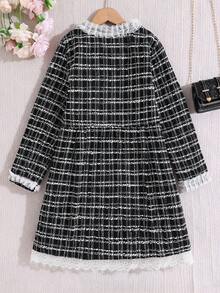 1pc Girls' Black Long Sleeve Sweet & Chic Coco Ruffle Collar Double-Breasted Tweed Patchwork Hem Vintage French Elegant Dress, Autumn/Winter - Black - View 2