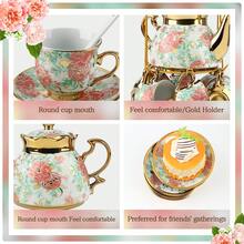 20-Piece Porcelain Tea Set With Metal Stand - Elegant European Floral Tea Cups & Saucers Set, Gold-Trimmed Coffee Service W/ EPS Foam Packaging, Stackable Porcelain Cups & Saucers For Afternoon Tea Gift - 款式2 - 查看 7