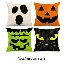 4 Peças Capas de Almofada de Halloween - 45 x 45 cm Capa de Almofada Retro com Expressões de Personagens de Halloween - Capa de Almofada Rústica Colorida de Halloween para Decoração de Casa, Sofá, Presente de Aniversário, Formatura, Decoração de Outono, Decoração de Quarto