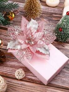 24/12pcs (12 Poinsettias + 12p Clips)-Glitter Pink Christmas Flowers, Poinsettia Christmas Flowers Decoration-Artificial Poinsettias Christmas Glitter Flowers With Clips,Artificial Pink Silver Poinsettia Christmas Tree Ornaments Glittery For Xmas New Year Wedding Party Wreath DIY Garland Decor (Pink)