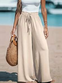 2-Piece/1-Piece Women's Casual Wide-Leg Pants - Four-Season Comfort Stretch Waistband Drawstring Design, Loose-Fit Solid-Color Trousers, Machine-Washable Non-Stretch Fabric, Lightweight Plus-Size Women's Pants, High-Waisted Leggings, Bell-Bottom Pants, Pink & Black + Apricot & Black + Caramel Women's Leggings - 黑色+杏色 - 查看 4