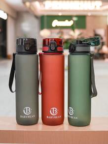 1pc 1000ml/750ml Outdoor Large Capacity Sports Water Bottle, 32oz/26oz, Direct Drinking Mouth Design, Handle Strap, Printed Logo, Plastic Portable Leak-Proof Screw Cap, Suitable For Hiking, Running, Cycling