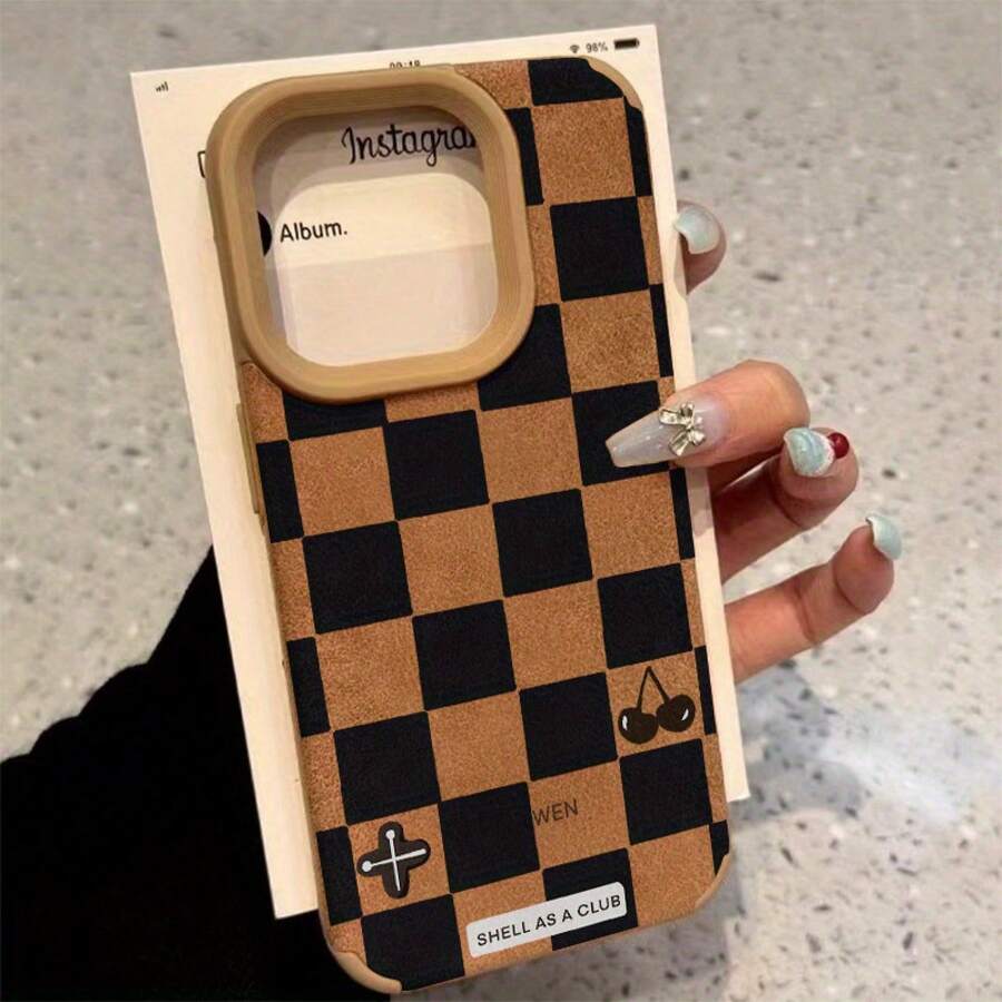 Teléfono Diseño de tablero de ajedrez negro Teléfono con lente alta 15 Plus 14 Pro 13 XS 12 11 16 Cuero sintético suave resistente a todo incluido - Colores mixtos 1 - Ver 1