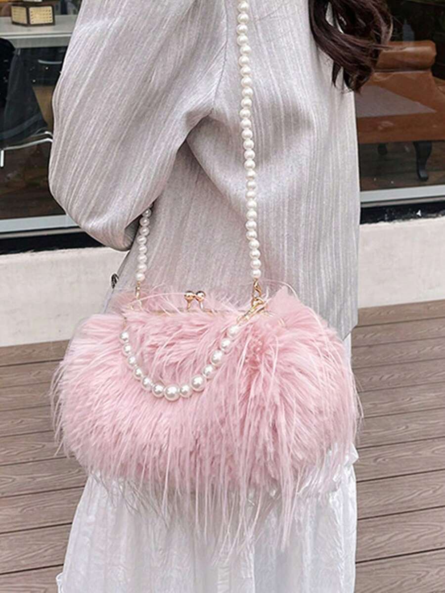 Feather Purse Clutch For Women Ostrich Feather Handbag Shoulder Crossbody Evening Bag Women's  Feather Evening Bag Pearl Handle Kiss Lock Purse Chic Shoulder Crossbody Handbag Party Wedding Cocktail Purses Clutch Vintage Banquet Handbag - 粉色 - 查看 1