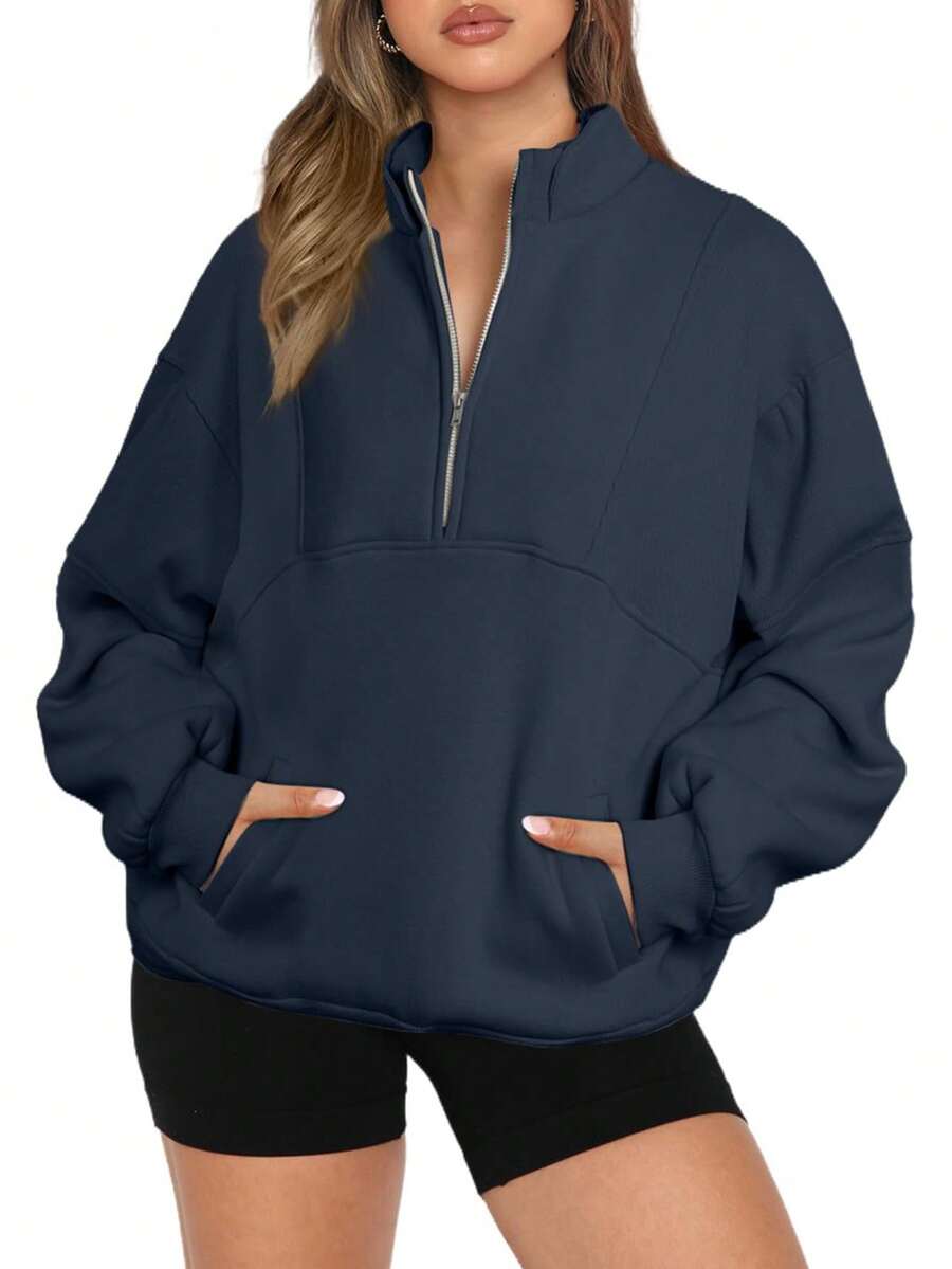 tooluck Women's Long-Sleeved, Loose-Fitting, Fleece Sweatshirt With A Half-Zipper. A Fashionable, Cropped Pullover With Warm, Athletic Fit. Loungewear With Pockets S-2XL - 藏蓝色 - 查看 1