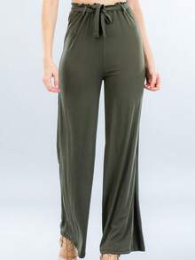 Knitted Fabric Wide Leg Pants For Women Casual Cute And Elegant Long With Tie Front Detail High Stretch - 橄欖 - 查看 2