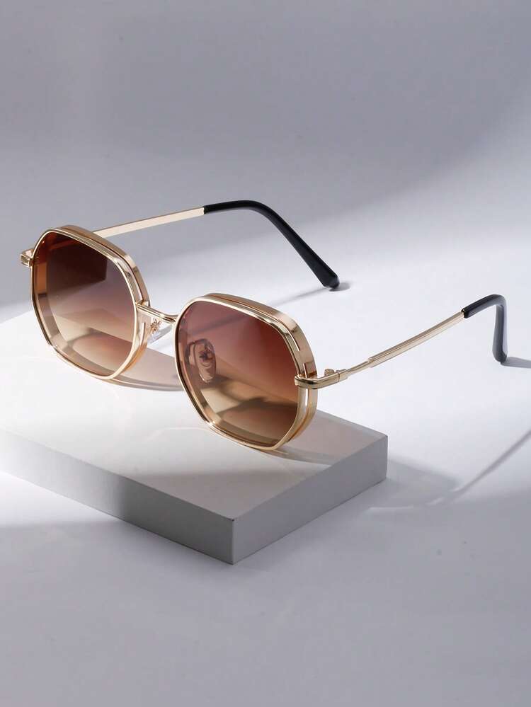 全新时尚复古金属多边形户外旅行眼镜，男女皆宜，适合街头风格、海滩、休闲、派对、日常通勤、商务，设计优雅简约 - 黑框漸層橄欖綠鏡片 - 查看 14