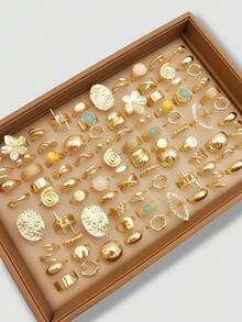 15/5/7/8pcs Set Asymmetrical Hollow Heart Rhinestone Faux Gemstone Star Burst Design Chunky Rings, Cute Stackable Fashionable Elegant Vintage Style, Suitable For Holiday, Party, Date, Daily Wear, Gift - Gold - View 1