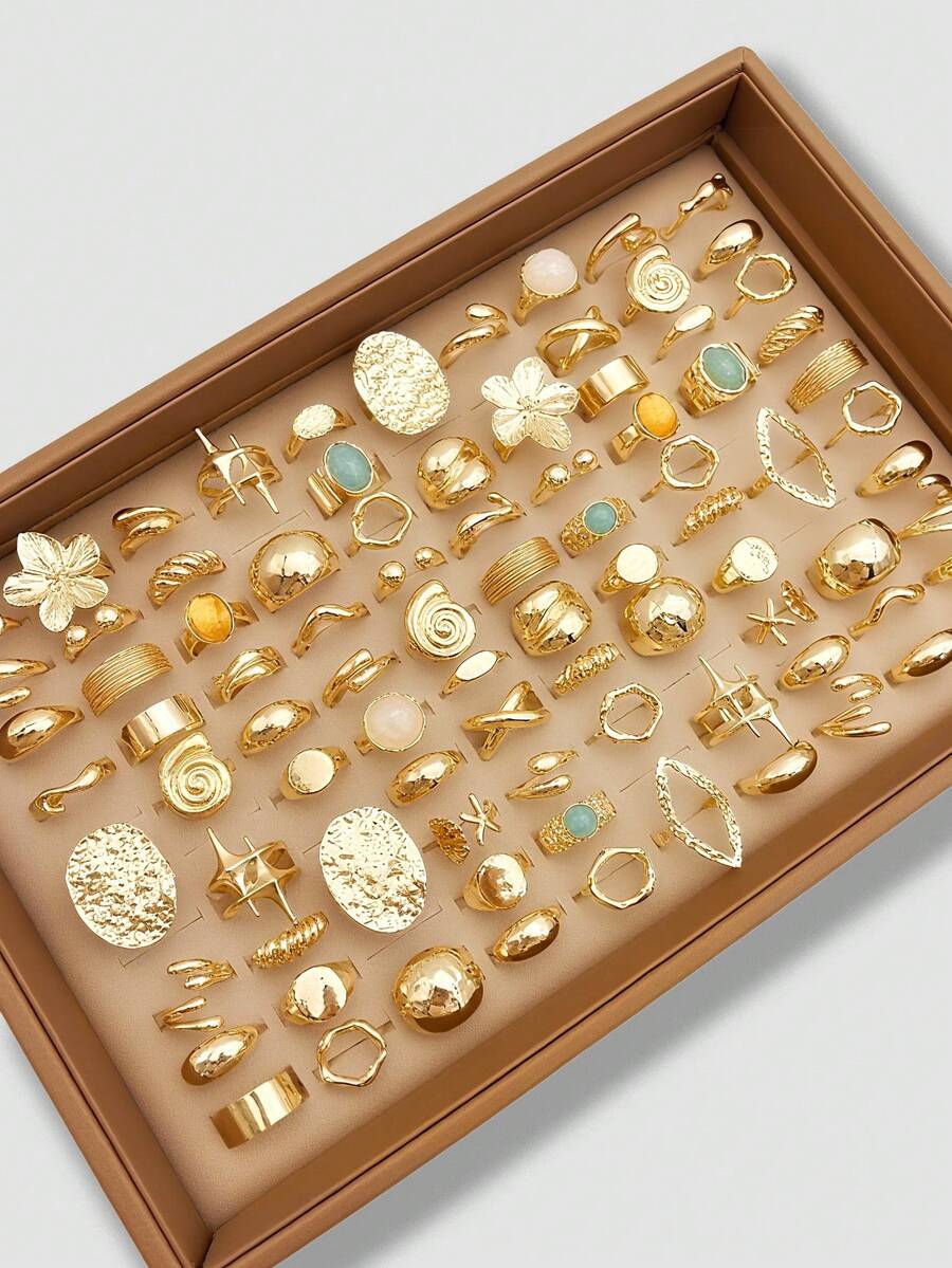 15/5/7/8pcs Set Asymmetrical Hollow Heart Rhinestone Faux Gemstone Star Burst Design Chunky Rings, Cute Stackable Fashionable Elegant Vintage Style, Suitable For Holiday, Party, Date, Daily Wear, Gift - Gold - View 1