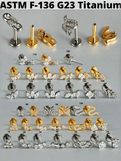 1PC G23 Titanium Marquise Zirconia Labret Lip Studs Internal Thread CZ Snake/Butterfly/Flower Ear Cartilage Tragus Helix Earring Lobe Piercing Jewelry