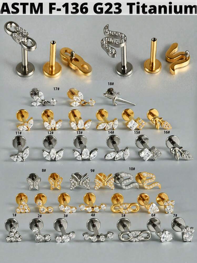 1 件 G23 钛金榄尖形氧化锆唇钉内螺纹 CZ 蛇形/蝴蝶形/花朵形耳软骨耳屏耳环耳垂穿孔珠宝 - 如圖 - 查看 1