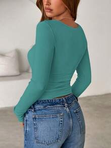 Women Spring And Fall Long Sleeve Shirts Ribbed Crewneck Fitted Basic Tee Going Out Tops Casual Workout Vacation Outfits - 青綠色 - 查看 2
